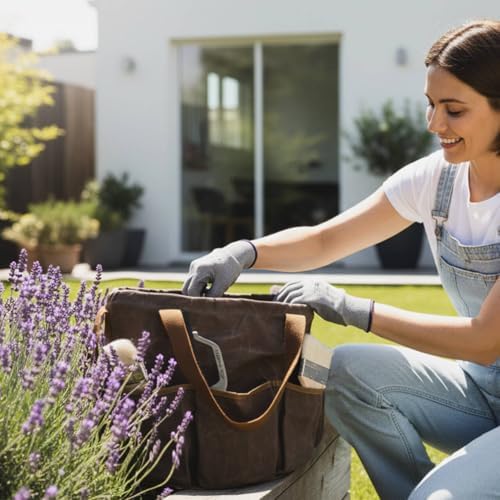 Waxed Canvas Garden Organizer Bag - Waterproof Bucket Tool Bag Portable with Side Pockets, Portable Gardening Tote for Lawn/Yard | Grey - Image 5