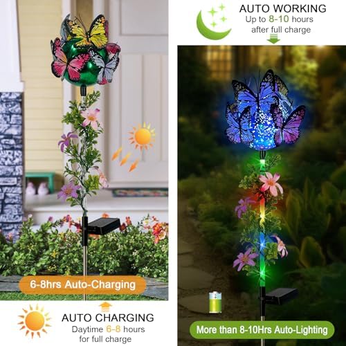 Solar Flowers Lights Outdoor Pathway,2 Pack Butterfly & Ball Garden Stakes - Image 4