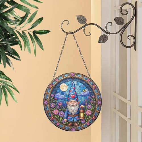 Gnome Holding Lantern Amidst Flowers and Moon Stained Glass Suncatcher 12in - Image 2