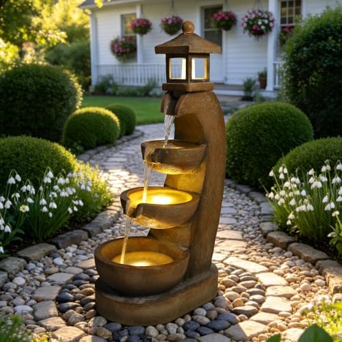 35.4" Outdoor Water Fountain, 3 Tier Bowl Cascading Freestanding Water Fountain, Outdoor Fountain with LED Lights, Lantern Style Garden Water Feature, Suitable for Patio Yard Porch, Brown by FammyLoft