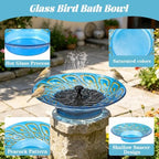 Glass Bird Bath with Solar Fountain, Blue Peacock Feather Pattern - Image 3
