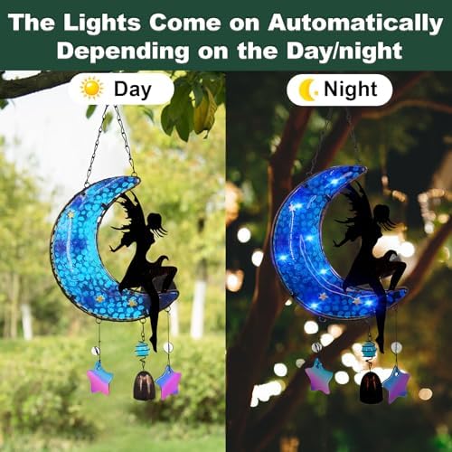 Memorial Wind Chimes Solar Hanging Glass Moon Lights Metal Fairy Angel Outdoor Wind Chimes for Mom Loved One Gifts - Image 4
