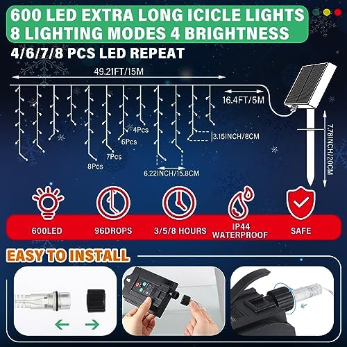 Retisee 65ft Colorful Solar Icicle Christmas Light for Outdoor Decoration - Image 2