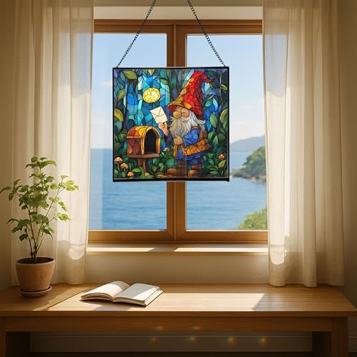 Gnome Mail Delivery Stained Glass Suncatcher – Square Hanging Window Panel for Home or Greenhouse – Whimsical Glass Art Gift for Garden Lovers, Christmas, Halloween, Father Days kG6SvZ - Image 6