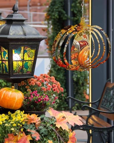 Fall Wind Spinners for Yard and Garden Bird Pumpkin Wind Spinner Sunflower Maple Leaves 3D Metal Stainless Steel Pumpkin Wind Sculptures Chimes Outdoor Patio Thanksgiving Hanging Decor 12 Inch - Image 2