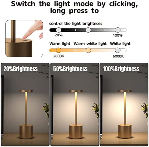 2Pack Cordless Table Lamp, Rechargeable LED Battery 5000mAh Metal USB Portable Powered Desk Lamp, 3 Levels Brightness Light for Restaurants Outdoor (2pack 10.25in Titanium) - Image 2