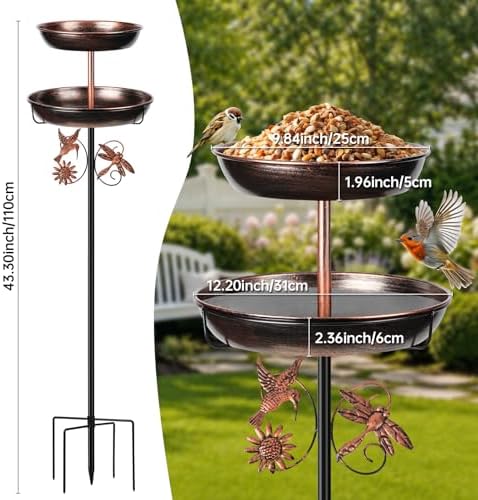 Outdoor Freestanding 2‑in‑1 Bird Bath & Feeder, 43 Inch Vintage Metal Bird Bowl with Upgraded 5‑Pronged Stable Ground Stake Base, Decorative Ornament for Lawn, Yard & Garden - Image 2