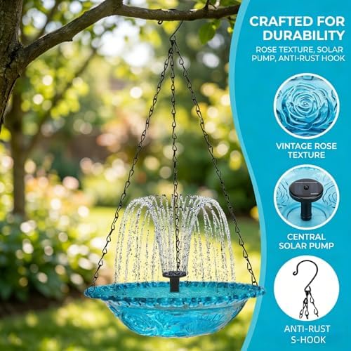 Solar Cascade Hanging Bird Bath Fountain,Outdoor Hanging Bird Bath with Solar Powered Water Pump,Decorative Water Feature for Garden Patio Yard,Perfect for Hummingbirds&Wild Birds (Blueb) - Image 2
