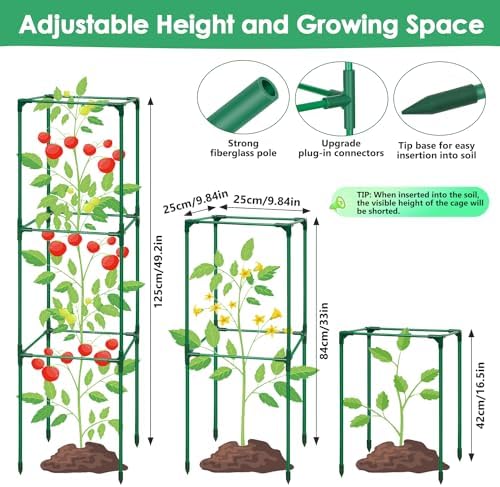 3 Pack Tomato Cage for Garden, Upgraded Fiberglass Garden Trellis with 3 PCS Grow Bags, Square Tomato Planter Support Garden Cages for Cucumber Vegetables Vertical Climbing Plants - Image 2