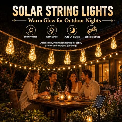 Solar String Lights Outdoor, 18Ft 10 LED Boho Rope Lights with Warm White Bulbs, Solar Powered Patio Lights with 8 Modes, Waterproof, for Garden Porch Decor (16, Warm White, 10m) - Image 2