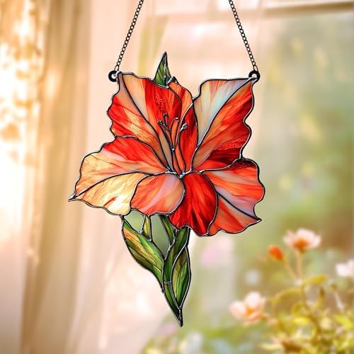 Red Gladiolus Flower Acrylic Suncatcher Size 10 inches, Flower Sun Catchers for Window Hanging, Stained Glass Effect Garden Decor, Gift for Mother's Day, Mom, Grandma, Wife, Women by GIKZO