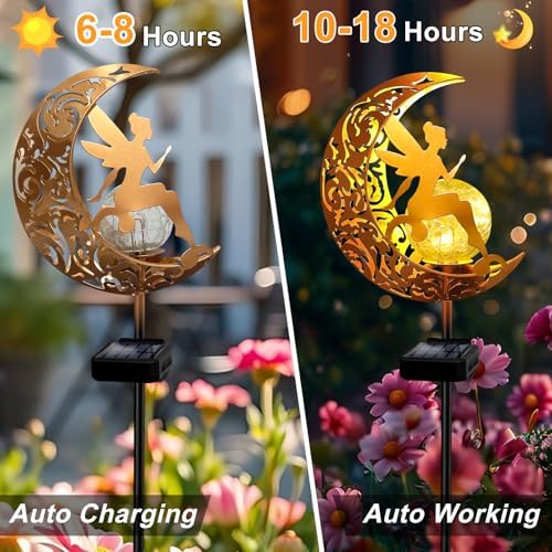 2 Pack Solar Garden Lights Waterproof, Pathway Stake Lights, Gift for Women Mom Grandma Wife Daughter, Moon Fairy Glass Globe with Angel Decor, Outdoor Decor Lights for Walkway Yard Lawn Patio Garden - Image 5