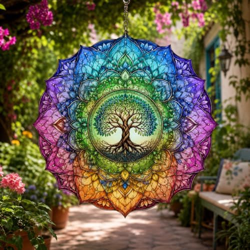 Shwing 12 Inch Wind Spinner Rainbow Tree of Life Hanging Decor Colorful Spiritual Metal Ornament Outdoor Kinetic Garden Art 3D Wind Spinner for Patio Porch Balcony Backyard Meditation Decoration - Image 7