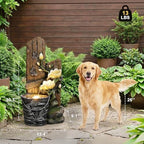 30.7" H 3-Tier Rustic Water Fountain Outdoor with Lights, Faux Iron Bucket & Wooden Stripe Cascading Waterfall Feature with Flowers & Butterfly for Garden, Patio, Backyard, Porch, Yard Decor - Image 2