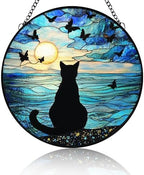 Cat Stained Glass Window Ornaments Cat By The Seaside Painted Suncatchers Patio Decor Outdoor Garden Decor Balcony Decor Western Home Decor Glass Art 9.84x9.84 Inch by Unknown