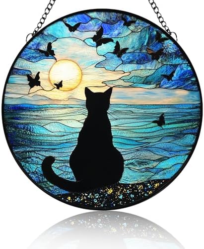 Cat Stained Glass Window Ornaments Cat By The Seaside Painted Suncatchers Patio Decor Outdoor Garden Decor Balcony Decor Western Home Decor Glass Art 9.84x9.84 Inch by Unknown