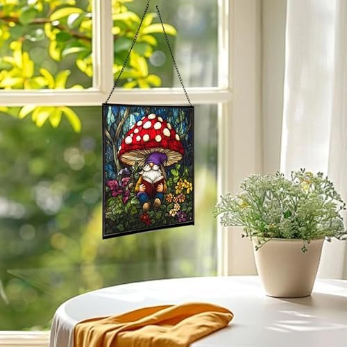 Gnome in Mushroom Hollow Stained Glass Suncatcher – Square Hanging Window Panel for Home or Greenhouse – Whimsical Glass Art Gift for Garden Lovers, Christmas, Halloween, Father Days DHs4J5 - Image 3