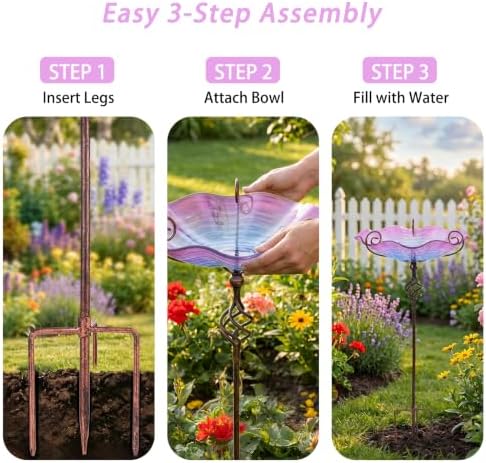 MUMTOP Glass BirdBaths, Garden Outdoor Birdfeeder with Metal Stake, Purple - Image 5