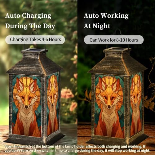 Solar Lantern Symmetrical Fox Stained Glass Outdoor Waterproof Garden Hanging Lantern Solar Powered Lighting Outside Solar Light for Patio Yard Camping, Gifts for Women Mom - Image 4