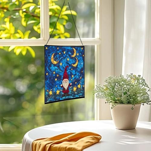 Starry Night Gnome Stained Glass Suncatcher – Square Hanging Window Panel for Home or Greenhouse – Whimsical Glass Art Gift for Garden Lovers, Christmas, Halloween, Father Days 81MU6h - Image 3