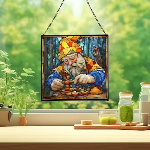 Gnome with Wooden Toys Stained Glass Suncatcher – Square Hanging Window Panel for Home, Garden, Nursery, Halloween, Christmas, Memorial Day – Whimsical Glass Art Gift for Gnome Lovers j20dxf - Image 2