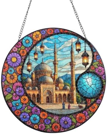 Mosque with Lanterns and Flower Border Stained Glass Suncatcher 12in by Unknown