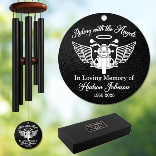 Personalized Motorcycle Memorial Wind Chime – “Riding with The Angels” Custom Name & Years – White Engraved Sympathy Gift for Loss of Loved One – Biker Remembrance Windchime for Outdoor Tribute by AlpadilCo