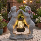 Solar Bunny Couple Garden Statue with Lantern Outdoor Decor by QMAGGICE