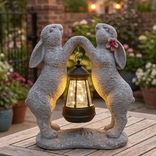 Solar Bunny Couple Garden Statue with Lantern Outdoor Decor by QMAGGICE