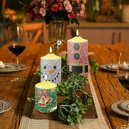 Cozeyat Waterproof Flickering Flameless Candles, Christmas Theme Outdoor Battery Operated LED Pillar Candles with Remote Timers, Electric Fake Plastic Candles Set of 3 - Image 4