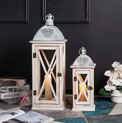 Set of 2 Large Farmhouse Wooden Metal Lanterns, Rustic Decorative Floor Candle Lanterns, Whitewash Distressed Hanging Lanterns for Home Decor (No Glass) by TIMRIS