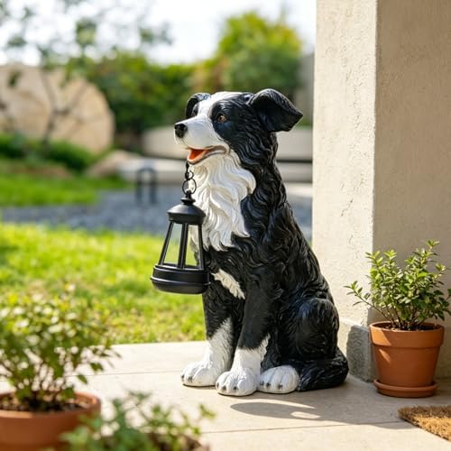COWOS Solar Border Collie Dog Statue with Lantern, Resin Outdoor Garden Decor, Solar Powered LED Dog Sculpture for Patio Porch Yard by COWOS