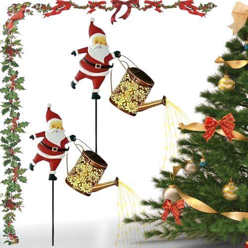 Christmas Solar Kettle Lights Garden Lawn Decorative Lights, Waterproof Hanging Christmas Santa Solar Kettle Light, Watering Can with Cascading Lamp, Stake for Garden Decor (Warm Light, 2 Pcs) by Unknown