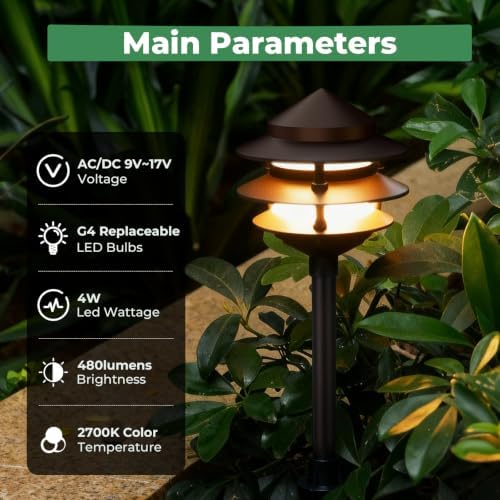 Gardencoin Pagoda Low Voltage Landscape Pathway Lights, 12V Outdoor LED Path Lights Wired, Aluminum Walkway Lighting with 4W 2700K Replaceable G4 Bulb, Bronze Classic 3-Tier Lantern, 12 Pack - Image 2