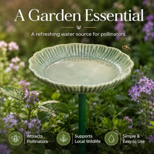 Ceramic Pollinator Watering Station for Bees and Butterflies, Shallow Garden Water Dish on Green Stake, Outdoor Insect Water Bowl for Patio Yard Flower Bed Decor, 1 Pack, Pale Aqua Green - Image 3