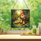 Gnome and Ducklings Stained Glass Suncatcher – Square Hanging Window Panel for Home or Greenhouse – Whimsical Glass Art Gift for Garden Lovers, Christmas, Halloween, Father Days IMzgZn - Image 2