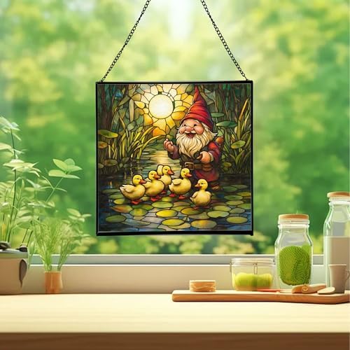 Gnome and Ducklings Stained Glass Suncatcher – Square Hanging Window Panel for Home or Greenhouse – Whimsical Glass Art Gift for Garden Lovers, Christmas, Halloween, Father Days IMzgZn - Image 2