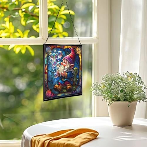Gnome with Soap Bubbles Stained Glass Suncatcher – Square Hanging Window Panel for Home or Greenhouse – Whimsical Glass Art Gift for Garden Lovers, Christmas, Halloween, Father Days 4O54kD - Image 3