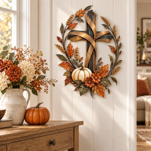 Autumn Cross Pumpkin Metal Wall Decor, Rustic Fall Harvest Sign, 12in-30cm - Image 4