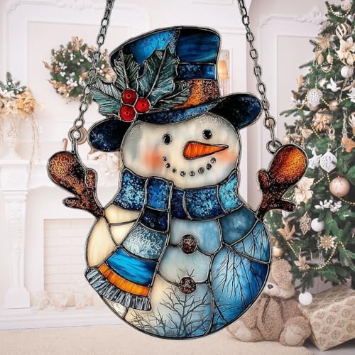 Snowman Cute Mistletoe Winter Scarf Acrylic Suncatcher by AVAGAN