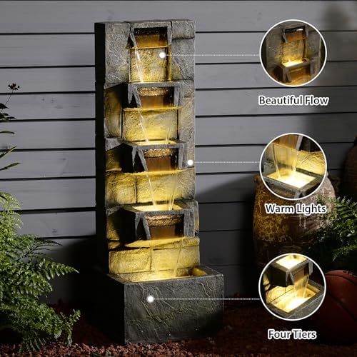 Outdoor Waterfall Fountain with LED Lights, 41” Tall Stone-Look Cascading Water Feature for Home Décor, Realistic Flowing Water Sound for Relaxation, Freestanding Indoor/Outdoor Fountain - Image 3