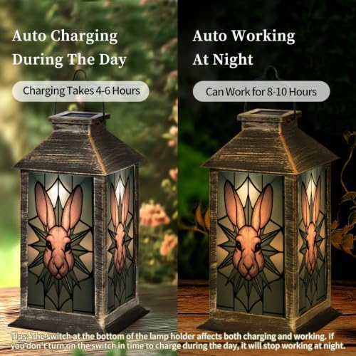 Solar Lantern Stained Glass Rabbit Wall Art Outdoor Waterproof Garden Hanging Lantern Solar Powered Lighting Outside Solar Light for Patio Yard Camping, Gifts for Women Mom - Image 4