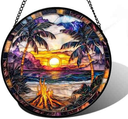Beach Bonfire Sunset Stained Glass Window Hanging Suncatcher Gifts 9.8" by DASTOLL