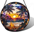 Beach Bonfire Sunset Stained Glass Window Hanging Suncatcher Gifts 9.8" by DASTOLL