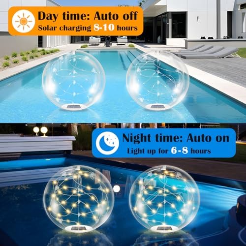 afzdby Floating Pool Lights Solar Powered,14 Inch 3000K Warm White Inflatable Glow in The Dark Balls,IP68 Waterproof Led Light up for Inground Pool,Christmas Decorations Outdoor Ornaments - Image 2