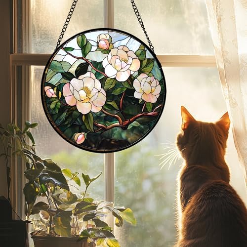 Pink Camellia Stained Glass Window Hanging Suncatcher Gifts for Women 12" - Image 2