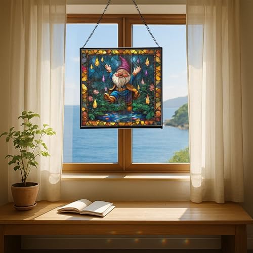 Raindrop Dance Gnome Stained Glass Suncatcher – Square Hanging Window Panel for Home or Greenhouse – Whimsical Glass Art Gift for Garden Lovers, Christmas, Halloween, Father Days yzbjUI - Image 6