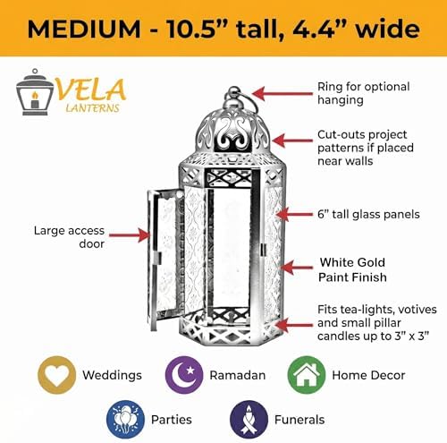 Vela Lanterns Decorative Indoor Moroccan Candle Holder, White Gold, M, 2PK - Image 5