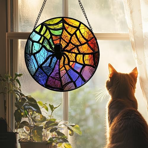 Stained Glass Window Hanging Halloween Colorful Spider Gift for Women 12" - Image 2