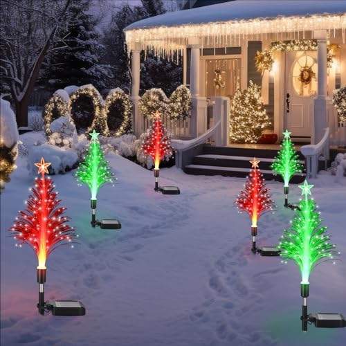 Baquler 6 Pack Solar Christmas Tree Garden Stake Lights Outdoor Waterproof Color Changing Christmas Lighted Yard Decorations Optical Fiber Xmas Pathway Lights for Lawn Patio Cemetery(Red, Green) - Image 2